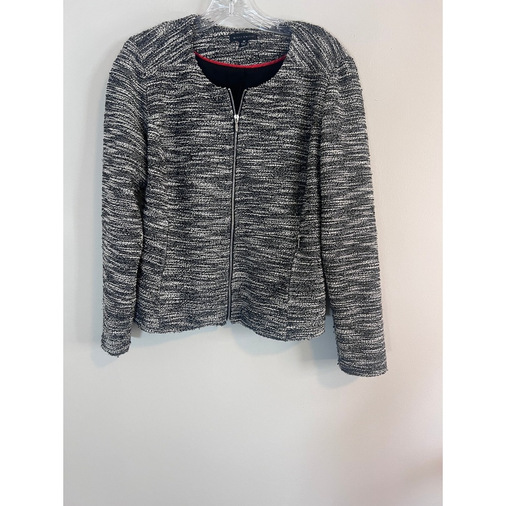 Willi Smith Womens Black White Boucle Knit Full Zip Collarless Jacket Size M